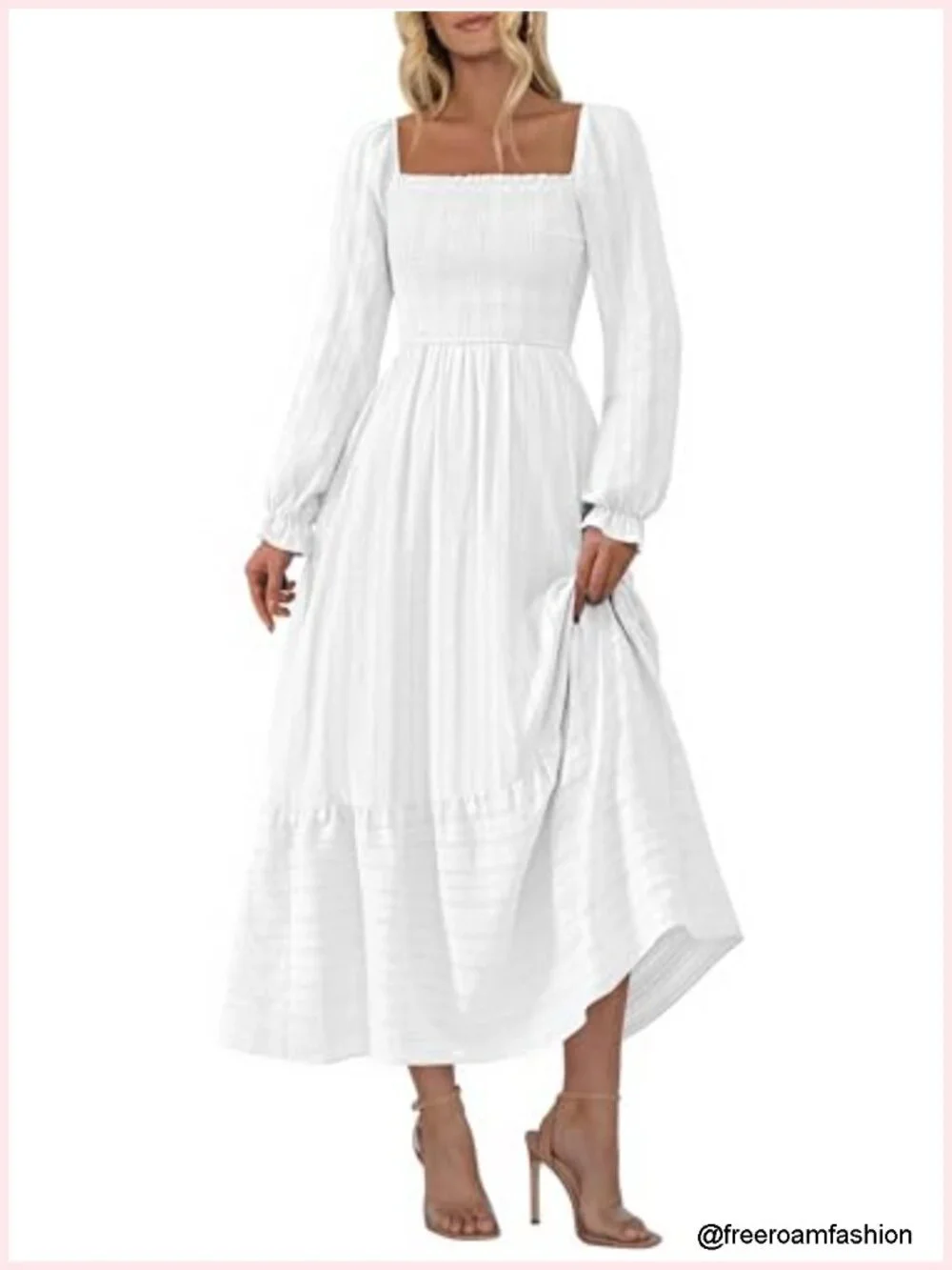 Square Neck Smocked Maxi Dress with Pockets Long Sleeve